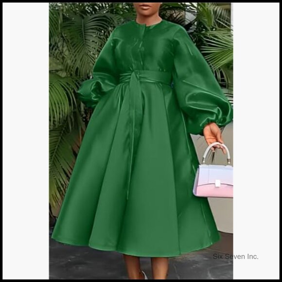 Satin Long Sleeve A Line Maxi Dress with Pockets Semi Formal - Picture 4 of 5